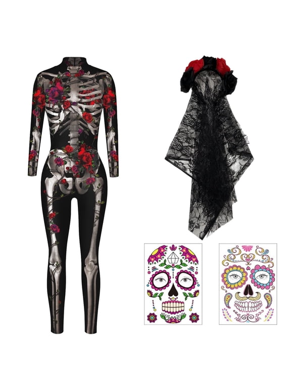 Halloween Costumes for Women 3D Print Skeleton Jumpsuit Skeleton Costume Sexy Bodycon Bodysuit Vampire Costume Adult Spooky Costume Design's for Parties