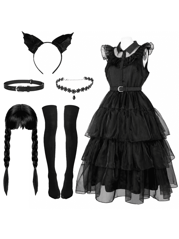 Halloween Costumes for Women, Evening Dress for Adult Black Dress Prom Dresses Outfits with Wig Headband, Black Bodycon Dress Ball Gowns for Women Party