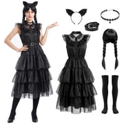 Alaiyaky Halloween Costumes for Women, Evening Dress for Adult Black Dress Prom Dresses Outfits with Wig Headband, Black Bodycon Dress Ball Gowns for Women Party
