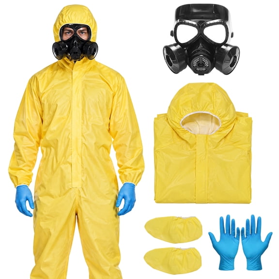 Alaiyaky Halloween Hazmat Costume Set Mens Hazmat Suit Fancy Dress Costum Yellow Scientist Outfit for Adult Halloween Party