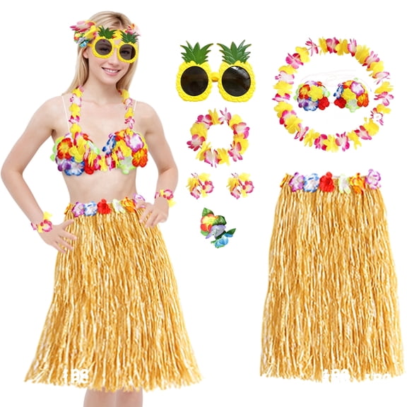 Alaiyaky Hawaiian Luau Hula Grass Skirt, Grass Skirt for Adults, Flower Costume Set for Birthday Party Summer Tropical Beach Pool Tropical Party