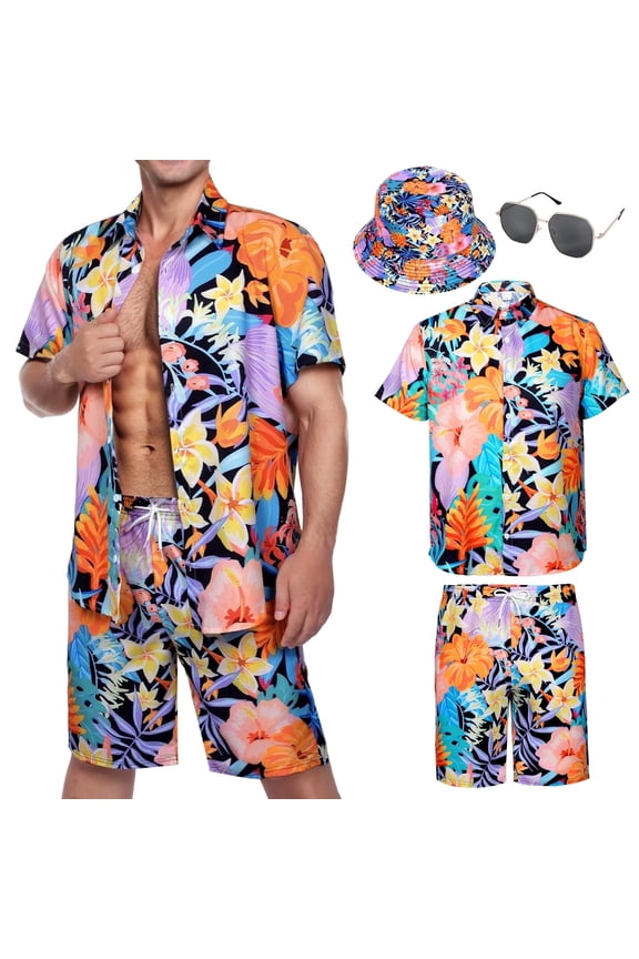 Hawaiian Shirts for Men, Mens T Shirt and Short Bucket Hat Sunglasses Set Short Sleeve Tropical Summer Beach Vacation Fancy Costume Adult Outfit