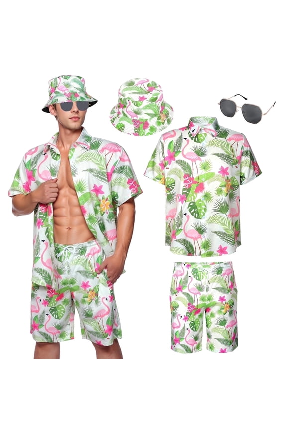 Hawaiian Shirts for Men, Mens T Shirt and Short Bucket Hat Sunglasses Set Short Sleeve Tropical Summer Beach Vacation Fancy Costume Adult Outfit