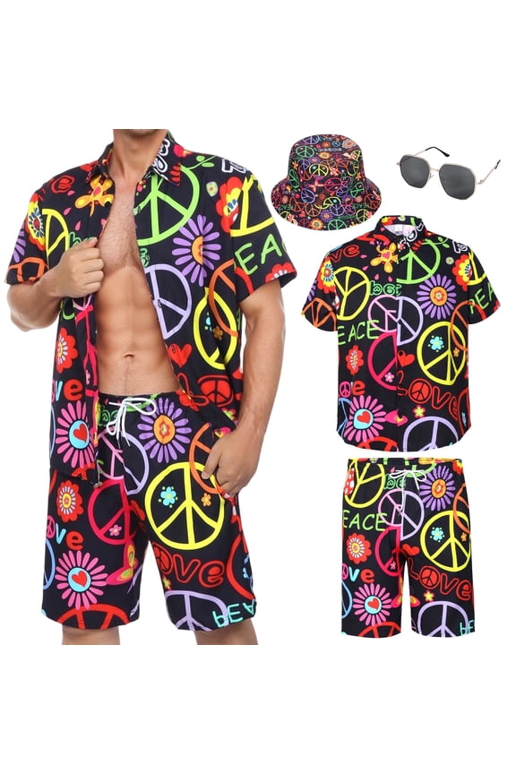 Hawaiian Shirts for Men, Mens T Shirt and Short Bucket Hat Sunglasses Set Short Sleeve Tropical Summer Beach Vacation Fancy Costume Adult Outfit
