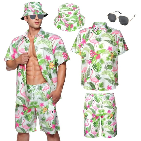 Alaiyaky Hawaiian Shirts for Men, Mens T Shirt and Short Bucket Hat Sunglasses Set Short Sleeve Tropical Summer Beach Vacation Fancy Costume Adult Outfit