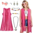 thumbnail image 1 of Alaiyaky Hippie Costume Set for Women, 70s Fancy Dress Ladies, Pink Fringe Vest with Sunglasses Headband, Hippie Disco Costume Accessories for Halloween Carnival Party, 1 of 7