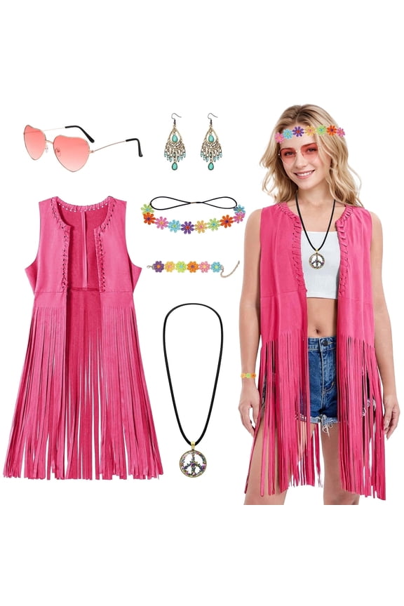 Hippie Costume Set for Women, 70s Fancy Dress Ladies, Pink Fringe Vest with Sunglasses Headband, Hippie Disco Costume Accessories for Halloween Carnival Party