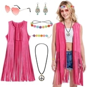 Alaiyaky Hippie Costume Set for Women, 70s Fancy Dress Ladies, Pink Fringe Vest with Sunglasses Headband, Hippie Disco Costume Accessories for Halloween Carnival Party