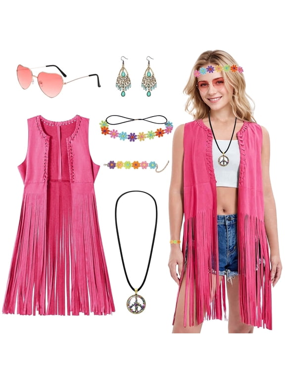 Hippie Costume Set for Women, 70s Fancy Dress Ladies, Pink Fringe Vest with Sunglasses Headband, Hippie Disco Costume Accessories for Halloween Carnival Party