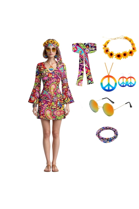 Hippies Costume Set for Women, 60s 70s Fancy Dress With Hippie Accessories, Hippie Dress Costumes for Halloween Cosplay Party