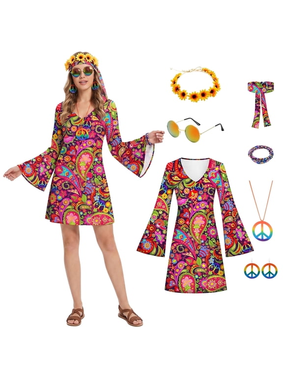 Hippies Costume Set for Women, 60s 70s Fancy Dress With Hippie Accessories, Hippie Dress Costumes for Halloween Cosplay Party