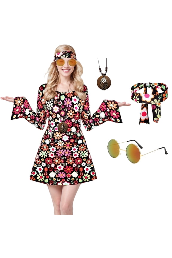 Hippies Costume Set for Women, 60s 70s Fancy Dress With Hippie Accessories, Hippie Dress Costumes for Halloween Cosplay Party