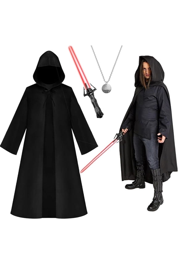 Hooded Cloak Robe Jedi Adult, Jedi Costume Set with Accessories and Necklace Wizard Master Knight Robe Costume Cosplay for Halloween Masquerade Balls