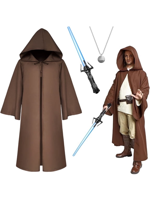 Hooded Cloak Robe Jedi Adult, Jedi Costume Set with Accessories and Necklace Wizard Master Knight Robe Costume Cosplay for Halloween Masquerade Balls