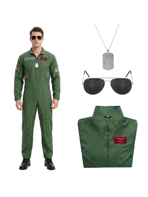 Men Pilot Costume Aviator Fancy Dress Set with Pilot Jumpsuit Necklace Sunglasses, Green Aviator Flight Suit for Men Adult Halloween Cosplay Costume
