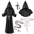 thumbnail image 1 of Alaiyaky Monk Costume Adult Men Medieval Robe Priest Cloak Outfit Halloween Black Renaissance Vicar Uncle Fester with Hood Costume Cross Fancy Dress Cosplay Carnival, 1 of 7