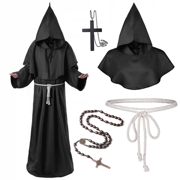 Alaiyaky Monk Costume Adult Men Medieval Robe Priest Cloak Outfit Halloween Black Renaissance Vicar Uncle Fester with Hood Costume Cross Fancy Dress Cosplay Carnival