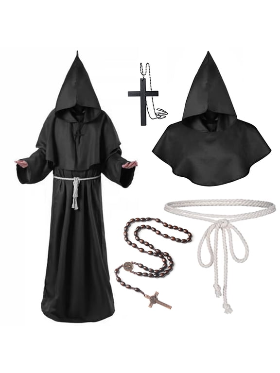 Monk Costume Adult Men Medieval Robe Priest Cloak Outfit Halloween Black Renaissance Vicar Uncle Fester with Hood Costume Cross Fancy Dress Cosplay Carnival