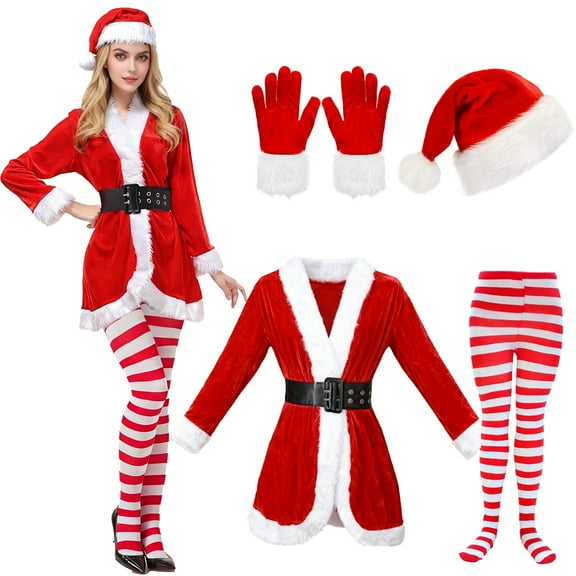 Alaiyaky Mrs Claus Costume Women, Santa Costume Adult Mrs Claus Outfit Jacket Dress Santa Lady Suit Hat Belt Gloves for Christmas Party Cosplay
