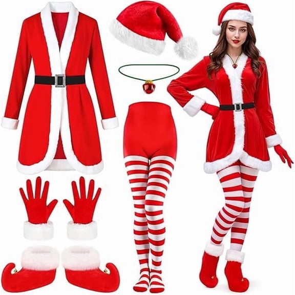 Alaiyaky Mrs Claus Costume Women, Santa Costume Adult Mrs Claus Outfit Jacket Dress Santa Lady Suit Hat Belt Gloves for Christmas Party Cosplay