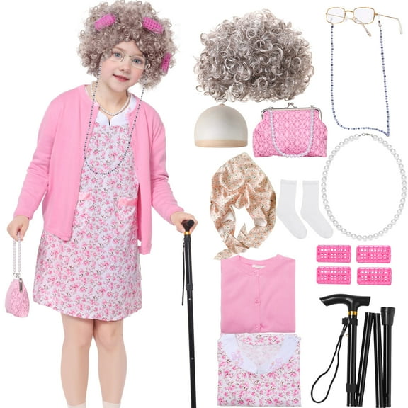 Alaiyaky Old Lady Costume 10 Pcs 100 100th Days of School Costume Dress Up Granny Grandma Cosplay Outfits
