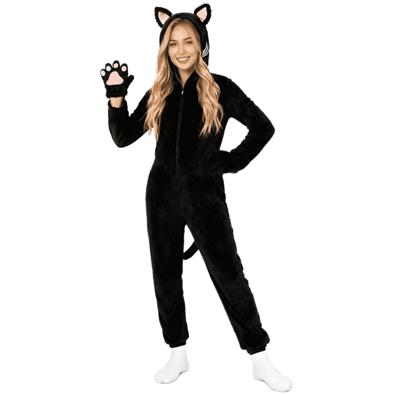Alaiyaky Onesie Adult Black Cat Onesie Pajamas for Adults Halloween Cat Costume Cosplay One-Piece Sleepwear Christmas Sleepwear