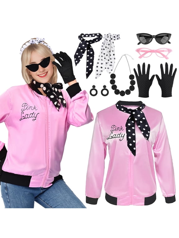 Pink Ladies Jacket Grease Fancy Dress 1950s Costume for Women Adults with Accessories