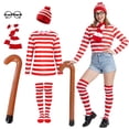 thumbnail image 1 of Alaiyaky Red and White Striped Costume Suit, Halloween Costumes Striped Shirt with Hat Glasses, Men Women Halloween Costumes World Book Day Outfit, 1 of 7