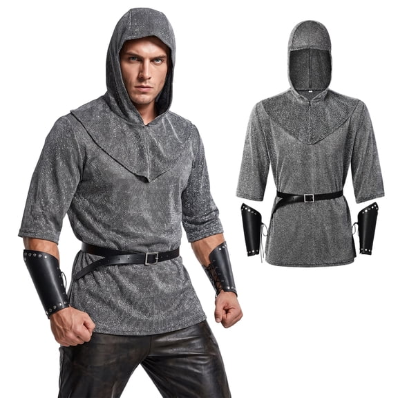 Alaiyaky Renaissance Faux Chain Mail Armor Tunic Shirt Medieval Knight Costume Menv With Hood and Belt Halloween Outfit