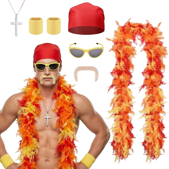 Alaiyaky Retro Wrestler Costume Accessories Set for Adults, Wrestling Fancy Dress Kit with Red Bandana, Sunglasses, Scarf, Wristbands and Mustache