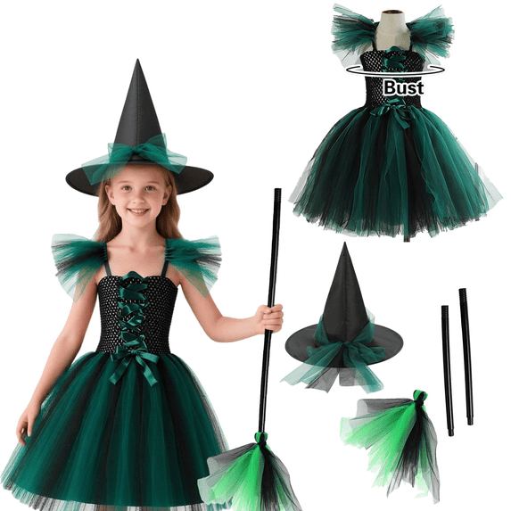 Alaiyaky Witch Costume Kids Girl Witches Dress Princess Outfit Scary Witch Hat Hat Brooms Party Cosplay Carnival Fancy Dress