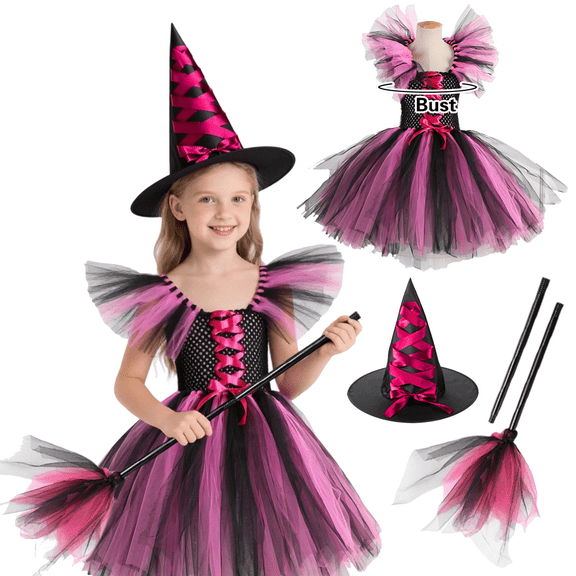 Alaiyaky Witch Costume Kids Girl Witches Dress Princess Outfit Scary Witch Hat Hat Brooms Party Cosplay Carnival Fancy Dress