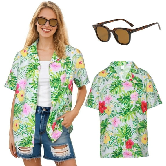 Alaiyaky Women's Floral Blouse Casual Button Down Short Sleeve Aloha Tropical Hawaiian Summer Beach Shirt and Shorts Sunglasses Set Cover Aloha Suits Party Outfits Holiday Funny Fancy Dress
