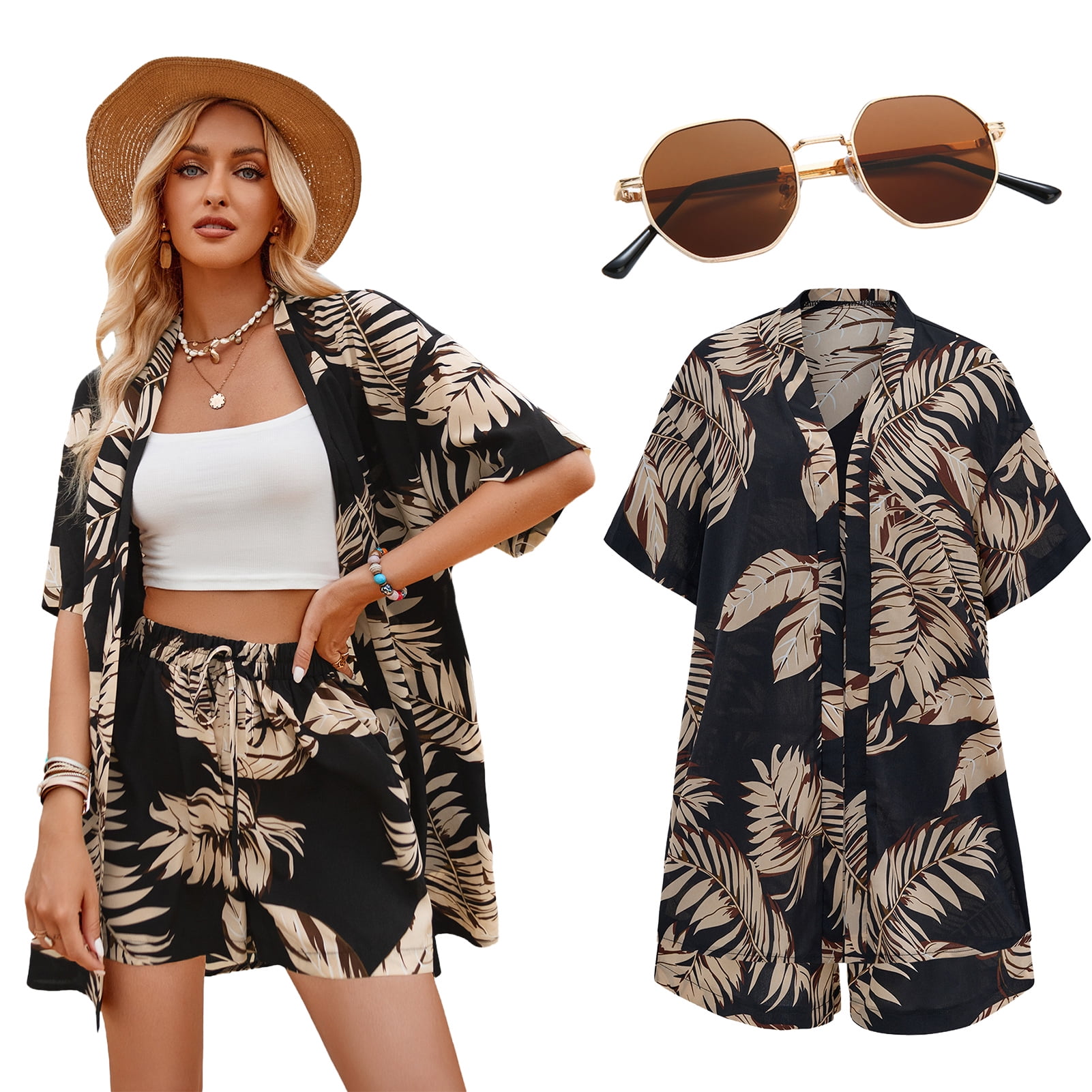 Men's 3-Piece Hawaiian Outfit Set - Flower Shirt, Shorts & Matching Bucket Hat, Tropical Beach Suit