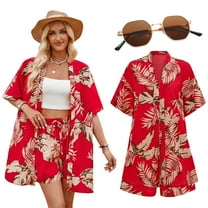 Womens Hawaiian Shirt Shorts Set 3 Piece Short Sleeve Outfits for Vacation Beach Summer Shorts Sunglasses Kimono Lounge Suit