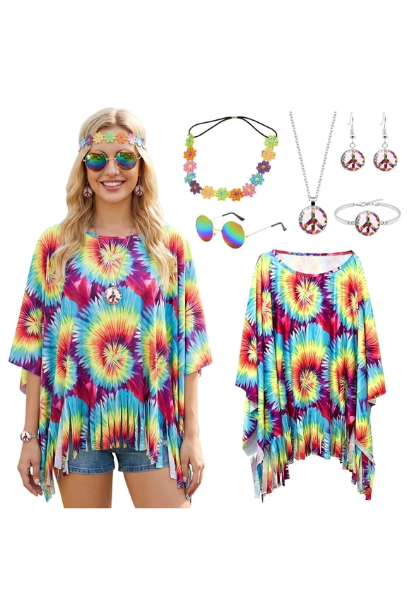 Women's Hippie Costume 60s 70s Hippie Clothing with Poncho Necklace Earrings Sunglasses Fancy Dress Costume for Carnival Party Pack of 6