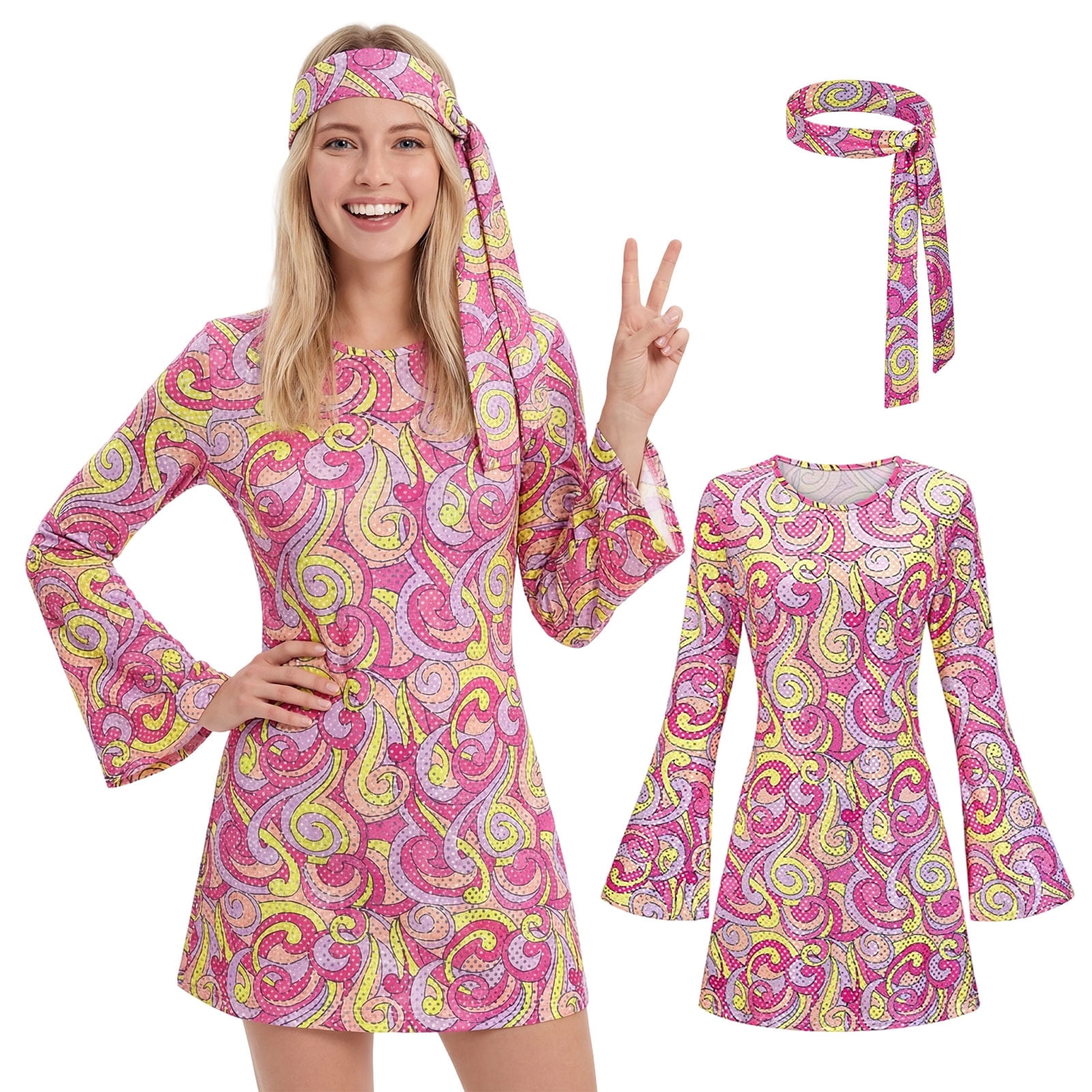 1970 theme party dress Parlsdy Women's 70s Disco Bell Sleeve V Neck Costume with Headband 70s Outfit Ideas for Party