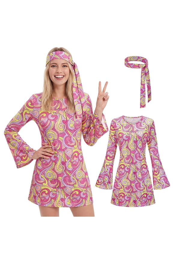Womens 1970's Disco Fancy Dress Costume, 70s Outfits for Women, 70s Retro Hippie Dress with Headband for Hen Party, Music Festival & Theme Party