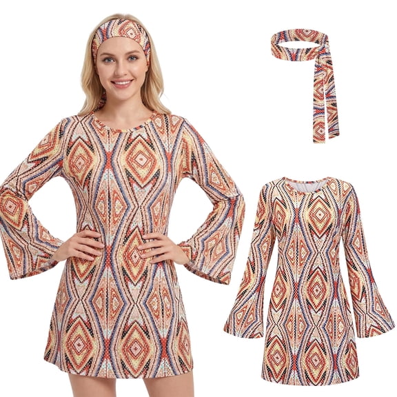 Alaiyaky Womens 1970's Disco Fancy Dress Costume, 70s Outfits for Women, 70s Retro Hippie Dress with Headband for Hen Party, Music Festival & Theme Party