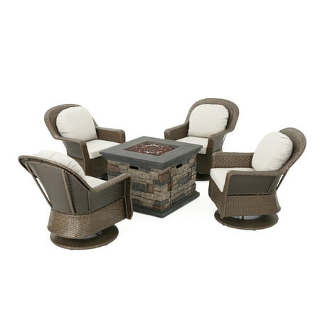 Alameda Outdoor 5 Piece Wicker Swivel Club Chairs with Gas Burning Fire Pit, Ceramic Gray