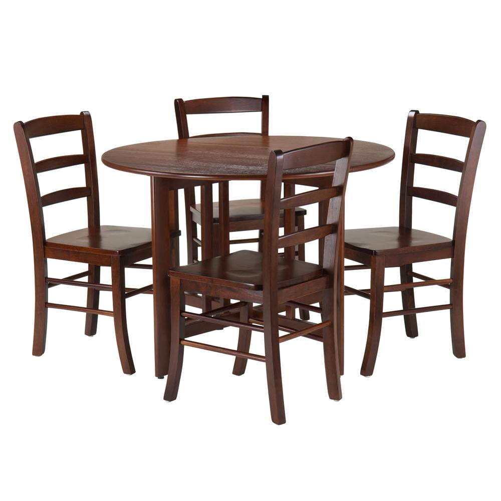 Winsome Wood Alamo 5-Pc Dining Set, Round Drop Leaf Table & 4 Ladder Back Chairs, Walnut Finish