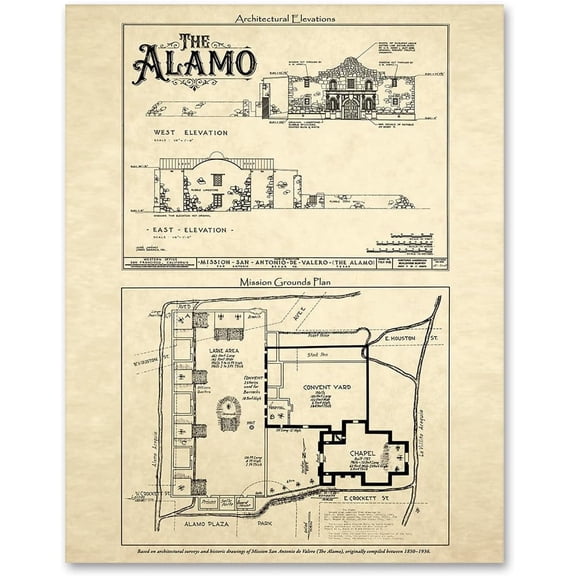 The Alamo Architectural Drawing 11x14 Historic Mission San Antonio Valero Elevation Plan Texas Landmark Illustration Vintage Blueprint Style Collector Gift Unframed Wall Decor Office Study History
