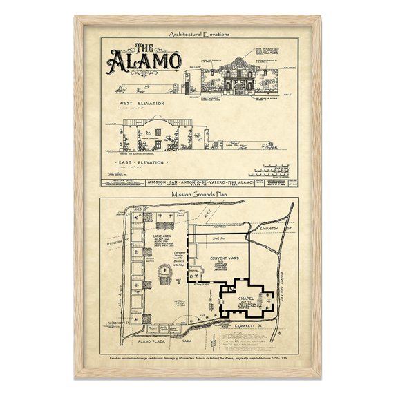 The Alamo Architectural Elevations 24x36 Historic Mission San Antonio Valero Texas Landmark Blueprint Style Illustration Collector Gift Framed Display Library Study
