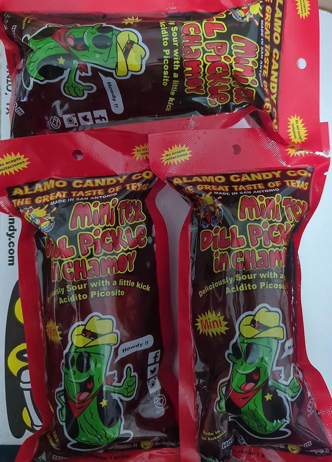 Alamo Candy Mini Tex Dill Pickle In Chamoy Three Pickles & One NG Joy