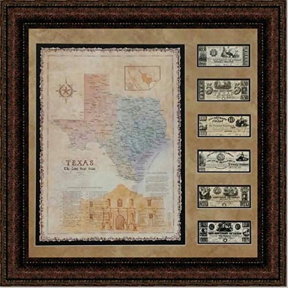 Alamo Map with Texas Currency | Framed Historic Texas Map and Money in Double Mat | 39L X 37W" Inches