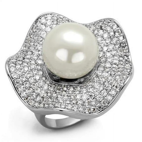 Alamode 3W1080-6 Women Rhodium Brass Ring with Synthetic in White - Size 6