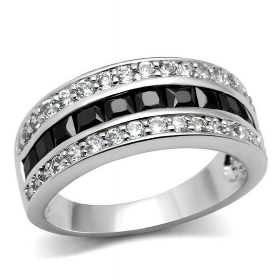 Alamode 3W117-9 Women Rhodium Brass Ring with AAA Grade CZ in Jet - Size 9