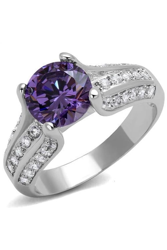 Alamode 3W1359-5 Women Rhodium Brass Ring with AAA Grade CZ in Amethyst - Size 5