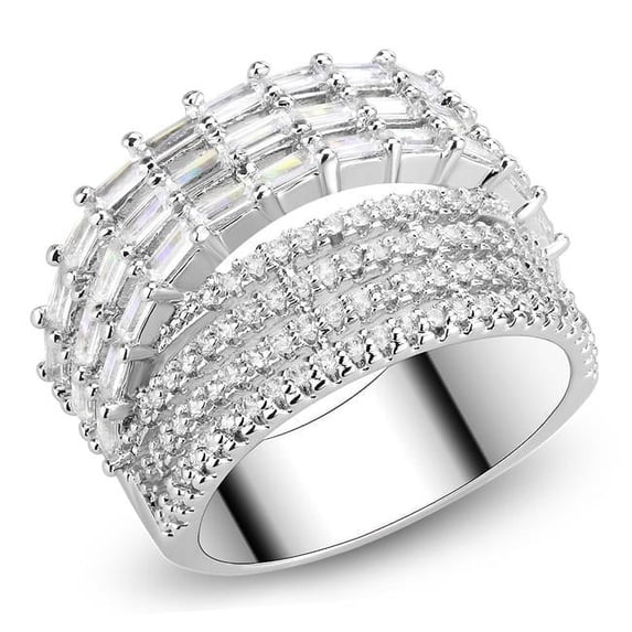 Alamode 3W1545-9 Women Rhodium Brass Ring with AAA Grade CZ in Clear - Size 9