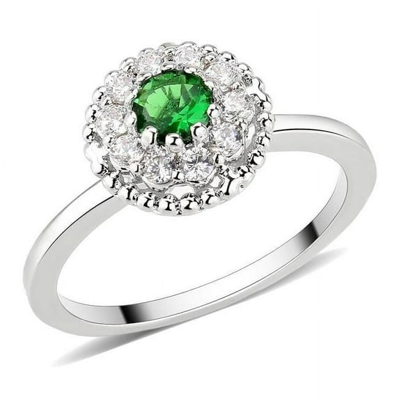 Alamode 3W1604-8 Rhodium Brass Ring with Synthetic Stone, Emerald - Size 8